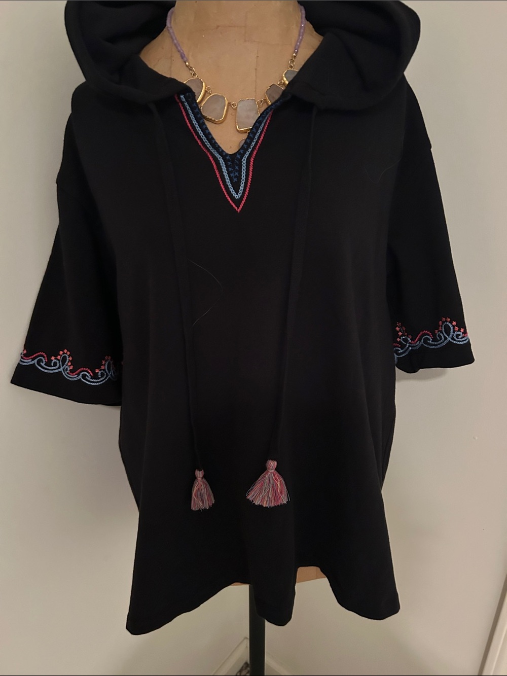 Johnny Was Black Hooded Tunic with Pink & Blue Embroidery